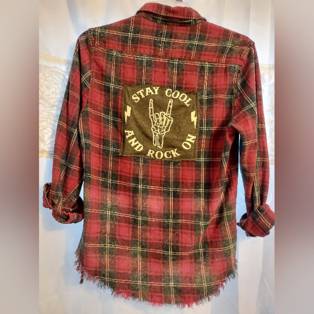 STAY COOL AND ROCK ON RED DISTRESSED UPCYCLED FLANNEL SZ M